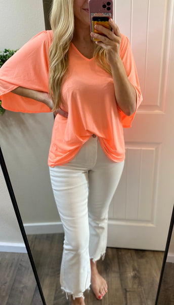 Wrinkle Free Flare Sleeve Top in Neon Orange