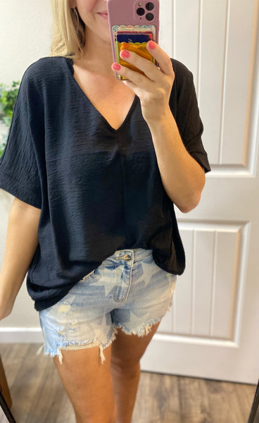 Black Rolled Sleeve V-Neck Blouse