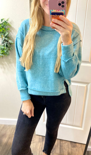 Dusty Teal Brushed Melange Hacci Crop Sweater