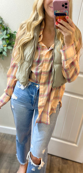 Coral Pink Plaid Button-Down Top