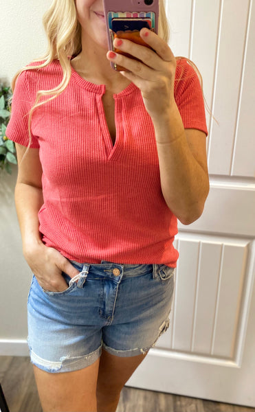 Melange Waffle V Short Sleeve Top