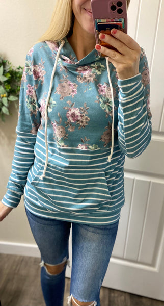 Teal Floral Stripe Hoodie Pullover