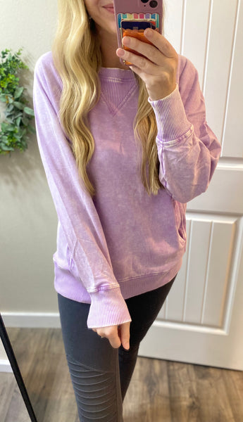 Acid Wash French Terry Pullover in Lavender
