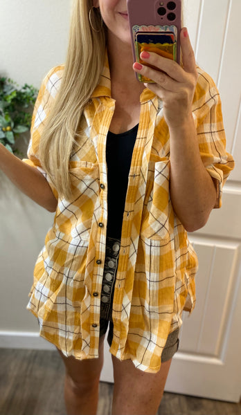 Soft Yellow Plaid Button Up