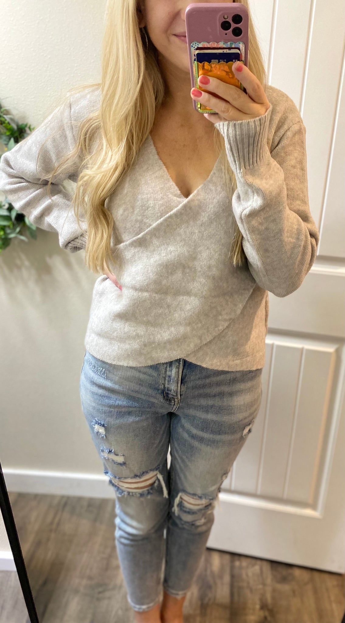 Gray Reversible Faux Wrap Sweater