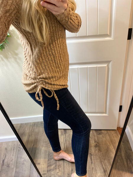 Ribbed Ruched Side Long Sleeve Top