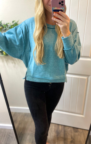 Dusty Teal Brushed Melange Hacci Crop Sweater