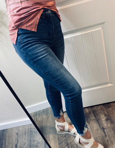 Darkwash Judy Blue Tummy Control Distressed Hem Denim
