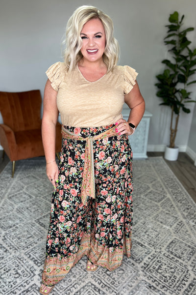 Sand V-Neck Ruffle Sleeve Top