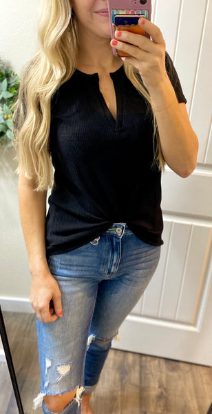 Melange Waffle V Short Sleeve Top