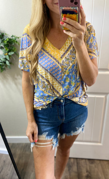 Blue/Yellow Print V-Neck Blouse