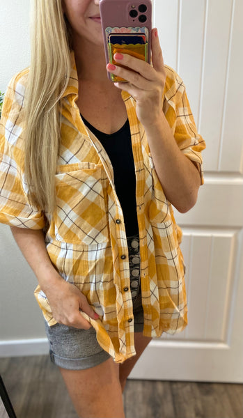 Soft Yellow Plaid Button Up