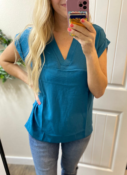V Rolled Sleeves Blouse