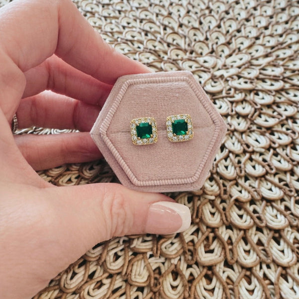 Olivia Emerald Halo Earrings in Dark Green