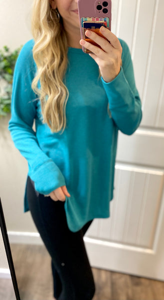 Teal Waffle Side Slit Long Sleeve