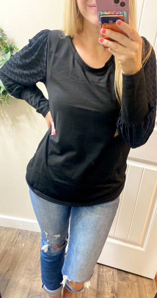 Black Round Neck Polka Dot Long Sleeve