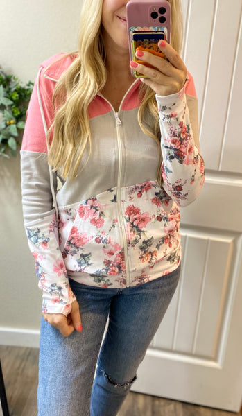 Pink Floral Colorblock Full Zip