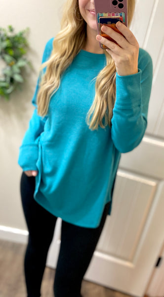 Teal Waffle Side Slit Long Sleeve