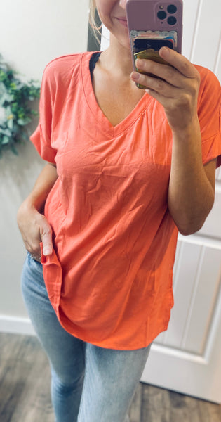 Coral Cuffed Sleeve Oversized Tee