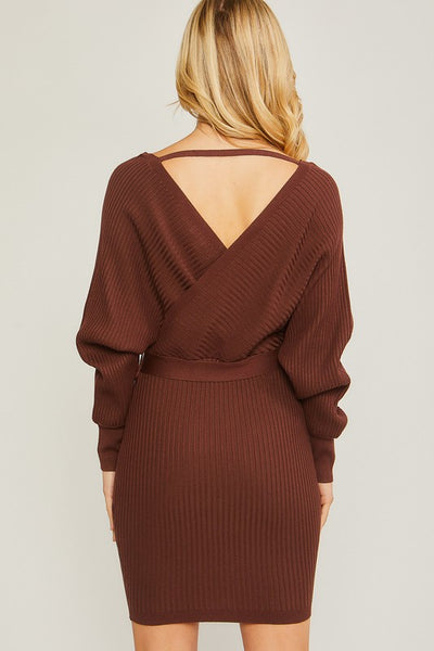 On/off Shoulder Faux Wrap Ribbed Dress