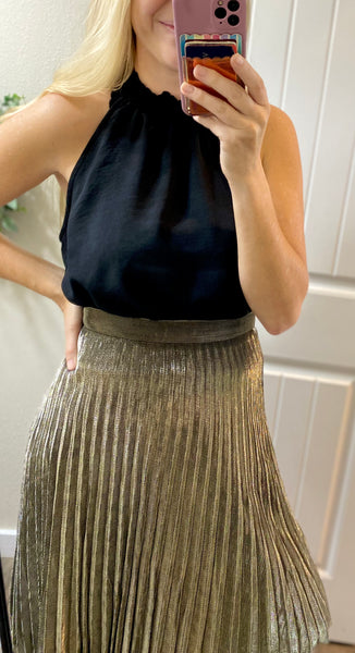 Gold Lurex Fabric Pleated Midi Skirt