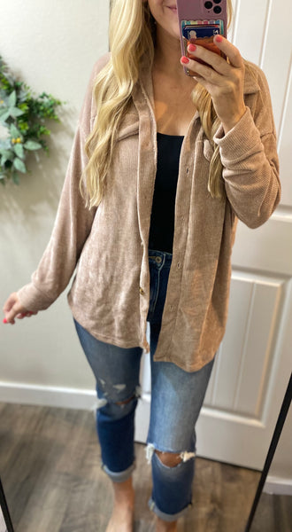 Chenille Button Shacket in Mocha
