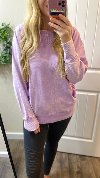 Acid Wash French Terry Pullover in Lavender