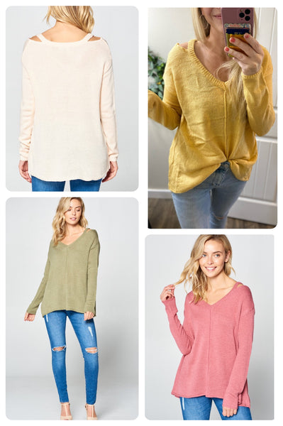 Knit Cut Out Shoulder V-neck Sweater