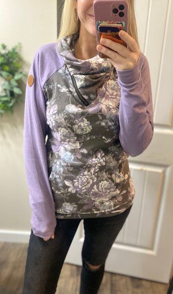 Purple Floral Cowlzip Sweatshirt