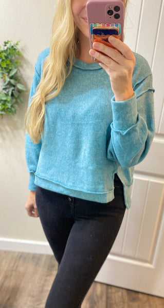 Dusty Teal Brushed Melange Hacci Crop Sweater