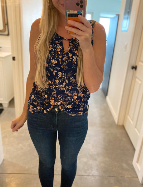 Navy Floral Keyhole Sleeveless Top