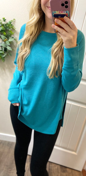 Teal Waffle Side Slit Long Sleeve