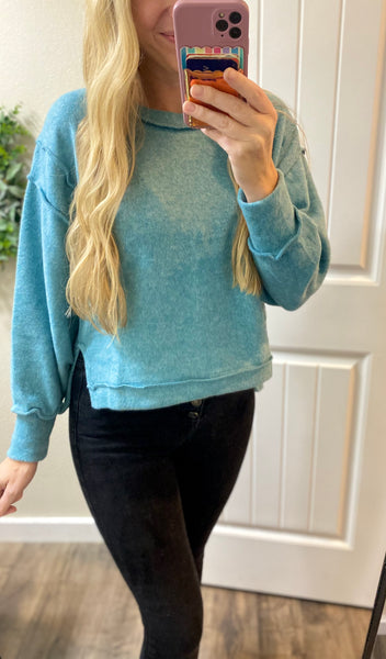 Dusty Teal Brushed Melange Hacci Crop Sweater