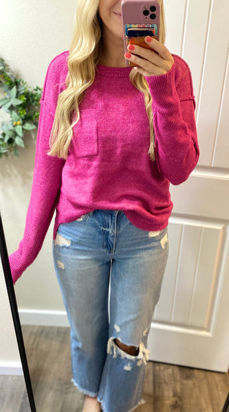 Pink Melange Round Neck Seam Sweater