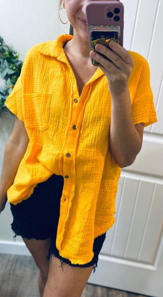 Yellow Raw Hem Button Up Short Sleeve