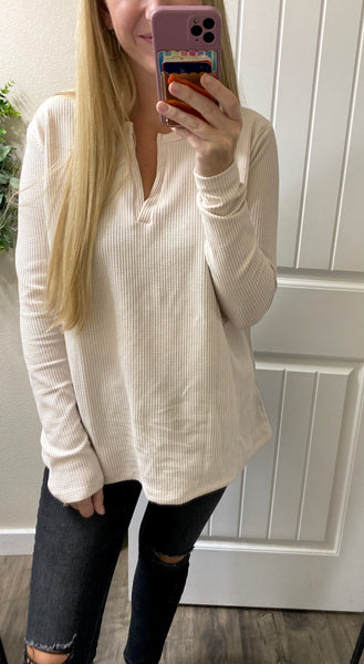 Melange Waffle V Long Sleeve