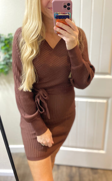 On/off Shoulder Faux Wrap Ribbed Dress