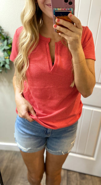Melange Waffle V Short Sleeve Top