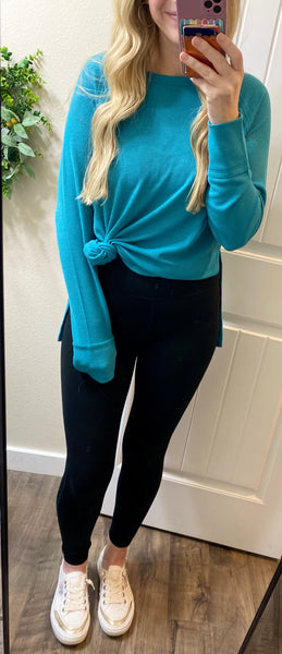 Teal Waffle Side Slit Long Sleeve