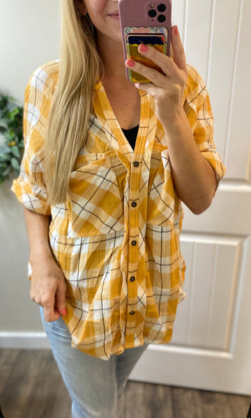 Soft Yellow Plaid Button Up