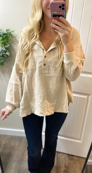 Double Gauze Oversized 3/4 Button Henley Neck Top