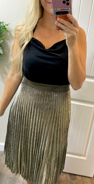Gold Lurex Fabric Pleated Midi Skirt