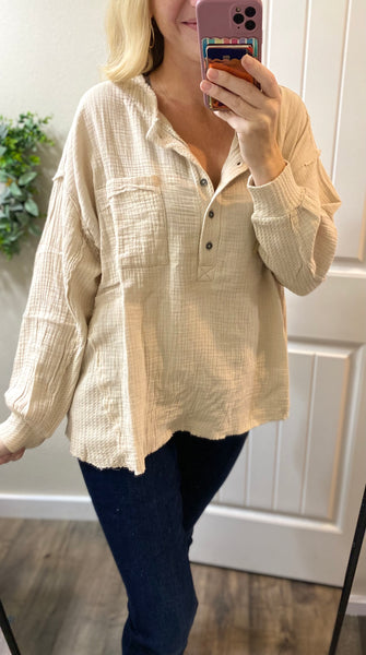 Double Gauze Oversized 3/4 Button Henley Neck Top