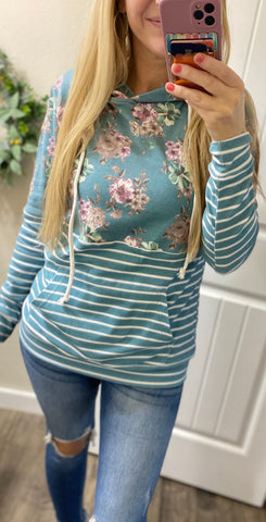 Teal Floral Stripe Hoodie Pullover