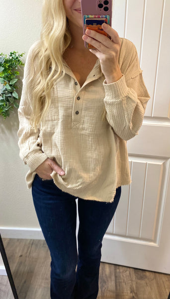 Double Gauze Oversized 3/4 Button Henley Neck Top