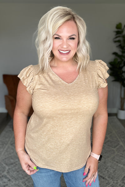 Sand V-Neck Ruffle Sleeve Top