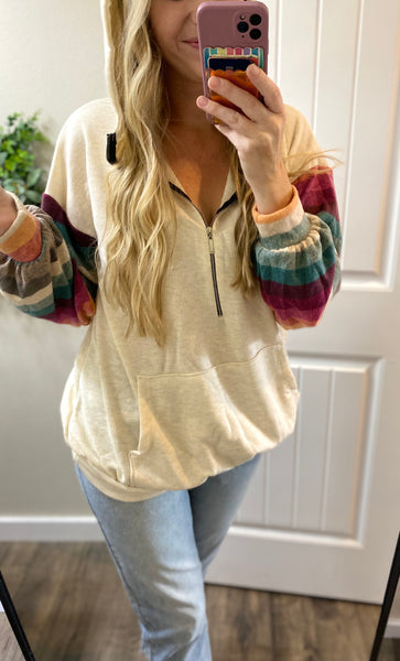 Striped Sleeve Half Zip Hoodie