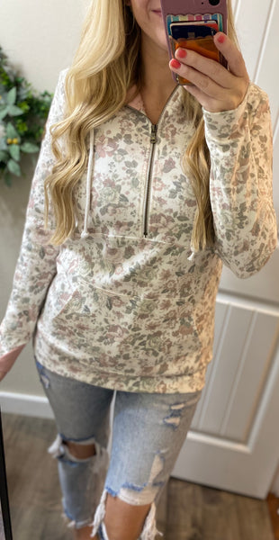 Mauve Floral 1/2 Zip Hoodie