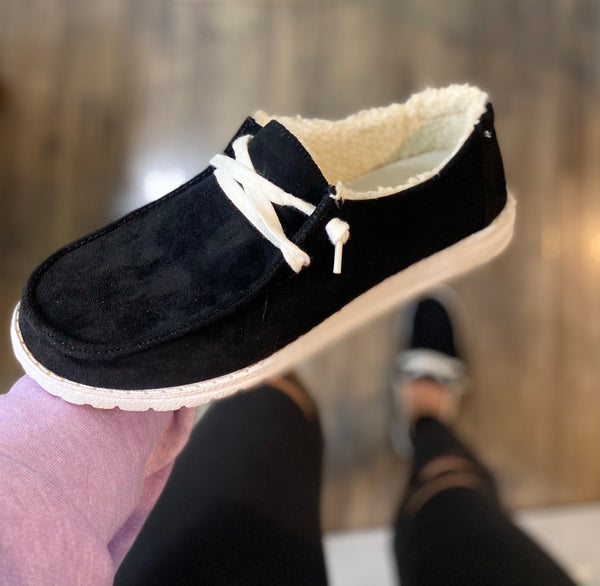 Black Faux Fur Lined Slip On Shoes