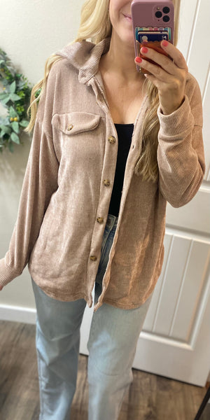 Chenille Button Shacket in Mocha